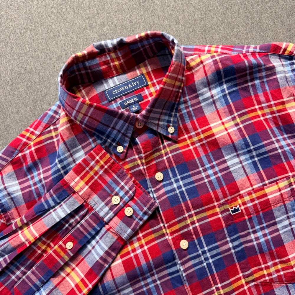 Crown & Ivy Mens Large Classic Fit Red Blue Plaid Button Down Shirt L Long Sleev
